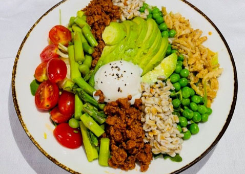 Chorizo, Farro, Avocado, and Poached Egg Bowl