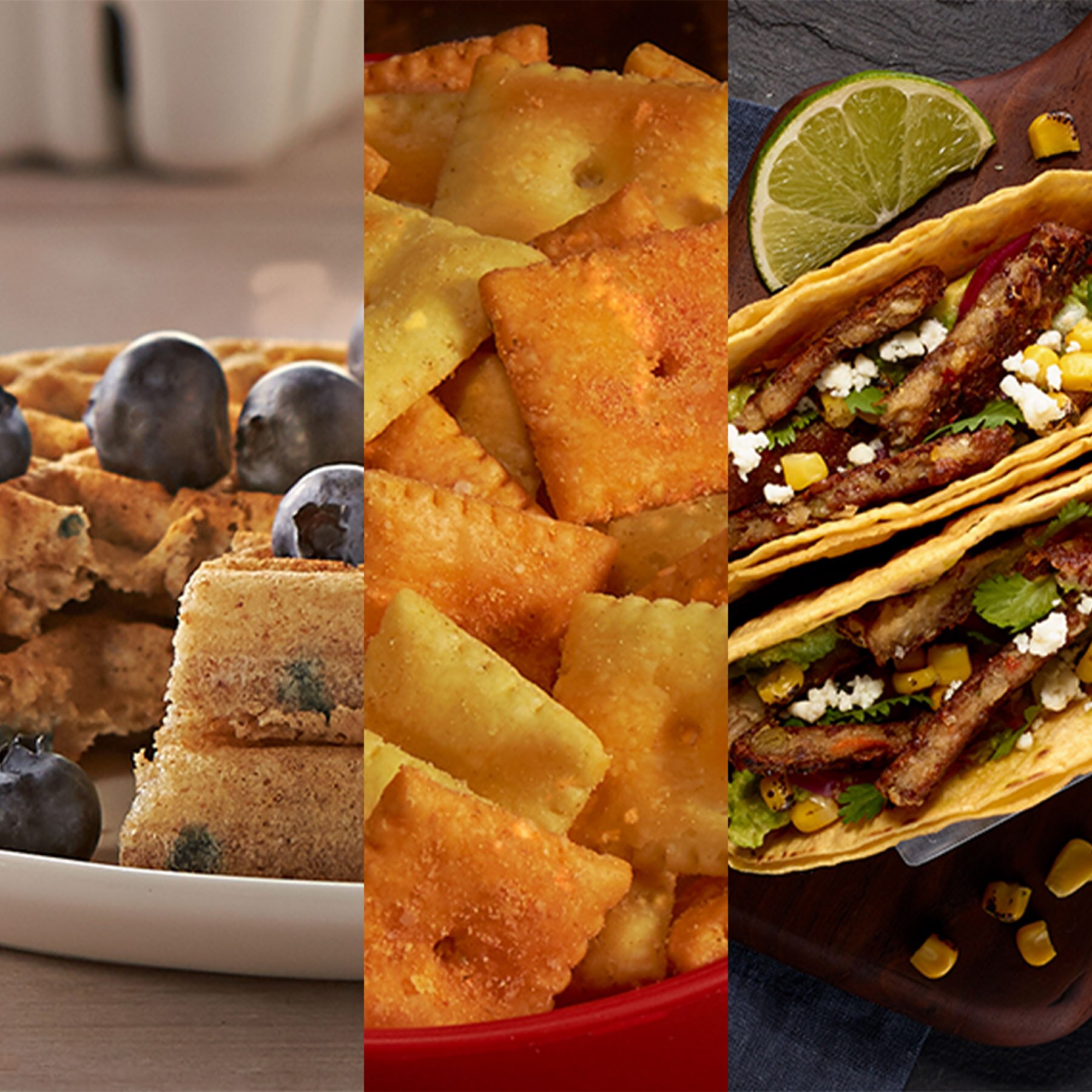 close up of 3 different images from left to right a plate of blueberry waffles, a bowl of cheez-it crackers, and plant based tacos