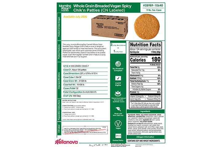 2898910640 MSF Whole Grain Breaded Vegan Spicy Chik'n Patty CN NLI19239 K-12 Spec