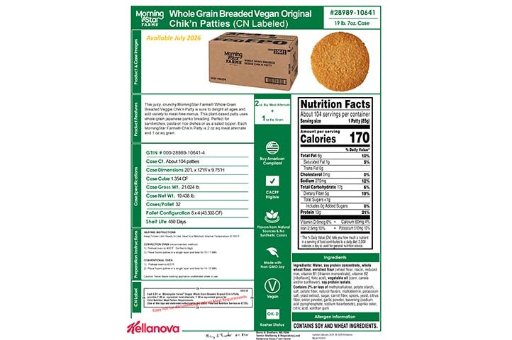 2898910641 MSF Whole Grain Breaded Vegan Original Chik'n Patty CN NLI19191 K-12 Spec