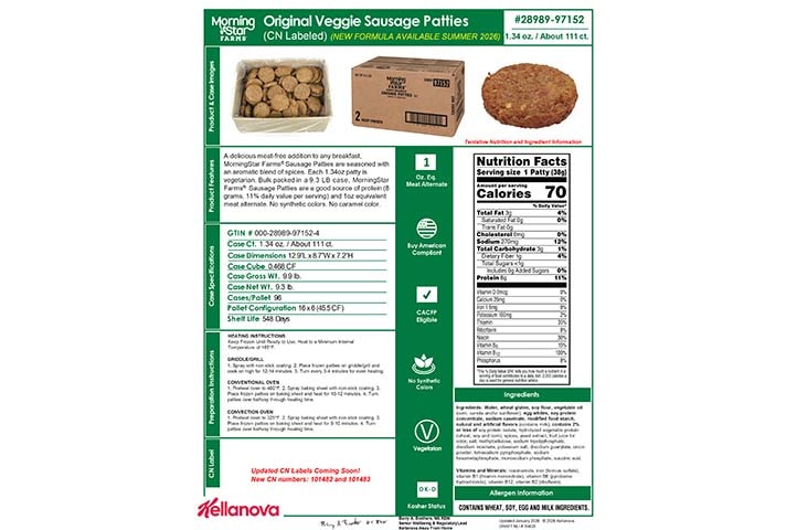 2898997152 MSF Original Veggie Sausage Patties CN NLI19426 NLI19156 K-12 Spec Image