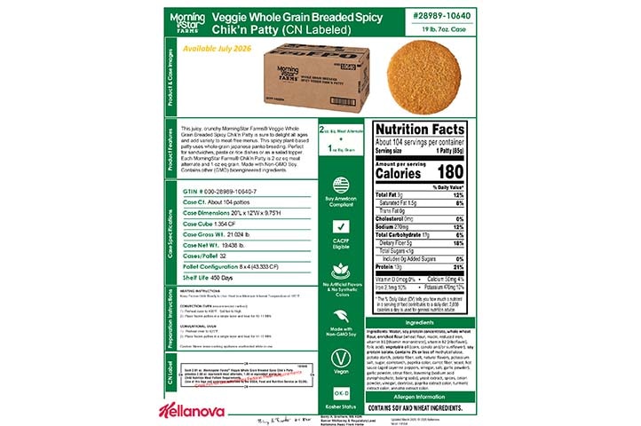 2898910640 MSF Veggie Whole Grain Breaded Spicy Chik'n Patty NLI19504 K-12 Spec