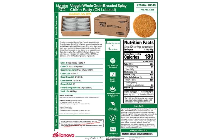 2898910640 MSF Veggie Whole Grain Breaded Spicy Chik'n Patty NLI19504 K-12 Spec