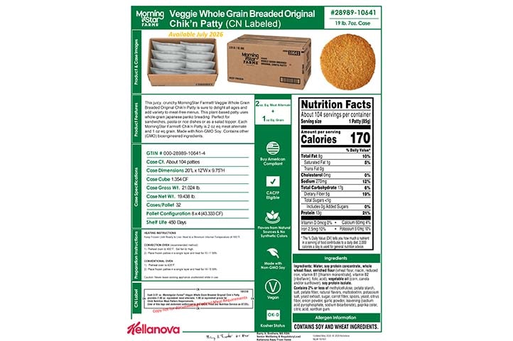 2898910641 MSF Whole Grain Breaded Vegan Original Chik'n Patty CN NLI19191 K-12 Spec