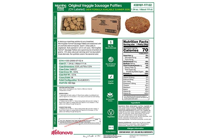 2898997152 MSF Original Veggie Sausage Patties CN NLI19426 NLI19156 K-12 Spec