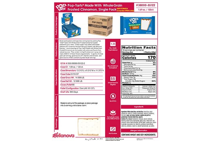 3800055122 Pop-Tarts Made with WG Frosted Cinnamon 1ct NLI19319 NLI17549 K-12 Spec