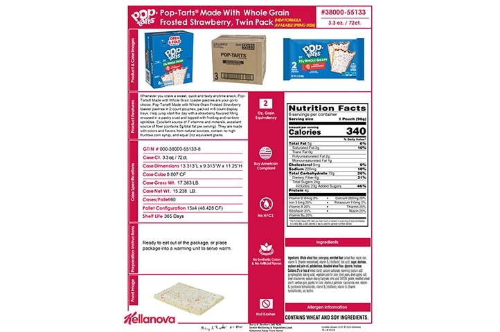 3800055133 Pop-Tarts Made with WG Frosted Strawberry NLI19324 NLI17554 K-12 Spec