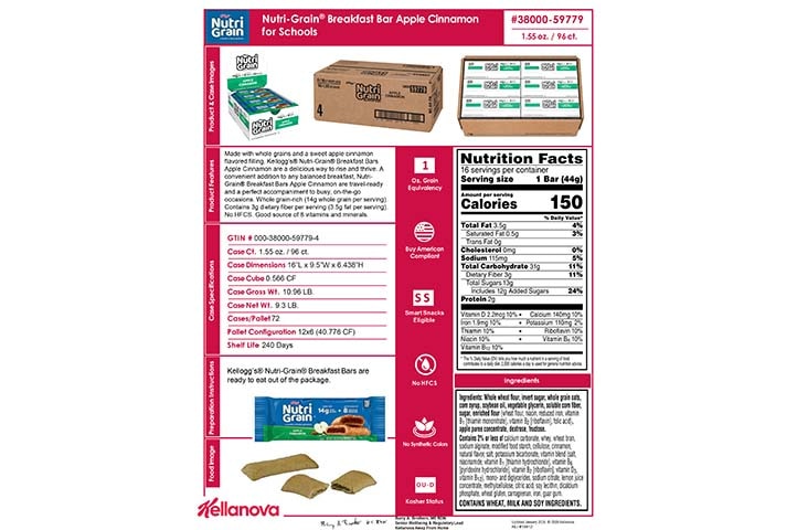 3800059779 Nutri-Grain Bars for Schools Apple Cinnamon NLI18912 K-12 Spec