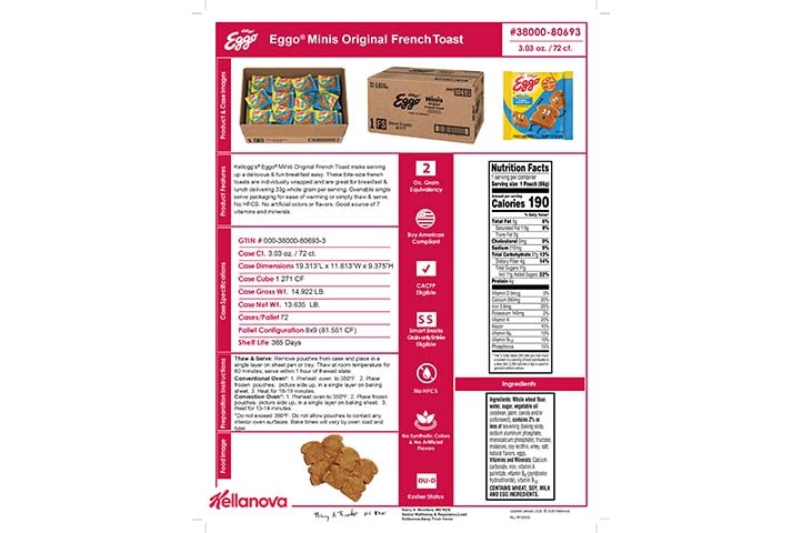 3800080693 Eggo Minis Original French Toast NLI19069 K-12 Spec