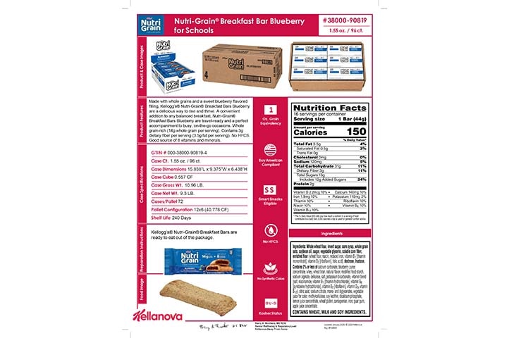 3800090819 Nutri-Grain Bars for Schools Blueberry NLI18895 K-12 Spec