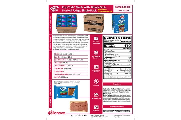 3800012070 Pop-Tarts Made with WG Frosted Fudge 1ct NLI19321 NLI17551 K-12 Spec