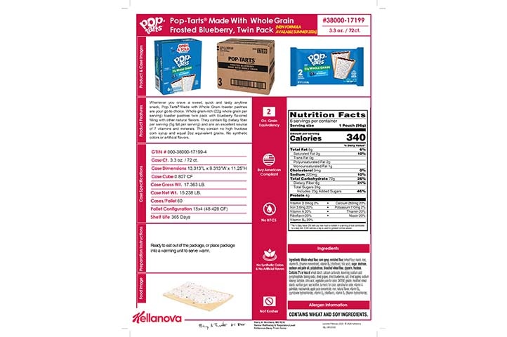 3800017199 Pop-Tarts Made with WG Frosted Blueberry NLI19318 NLI17548 K-12 Spec