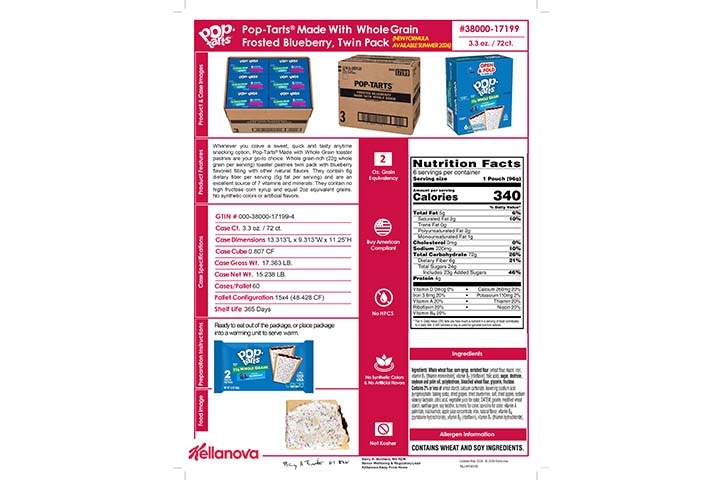 3800017199 Pop-Tarts Made with WG Frosted Blueberry NLI19318 NLI17548 K-12 Spec