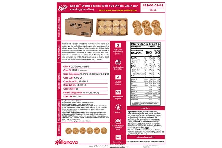 3800024698 Eggo Eggoji Waffle Made with WG NLI18262 K-12 Spec