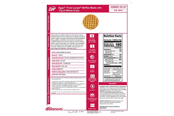 3800033169 Eggo Froot Loops Waffles Made with WG Bulk NLI19046x K- 12 Spec