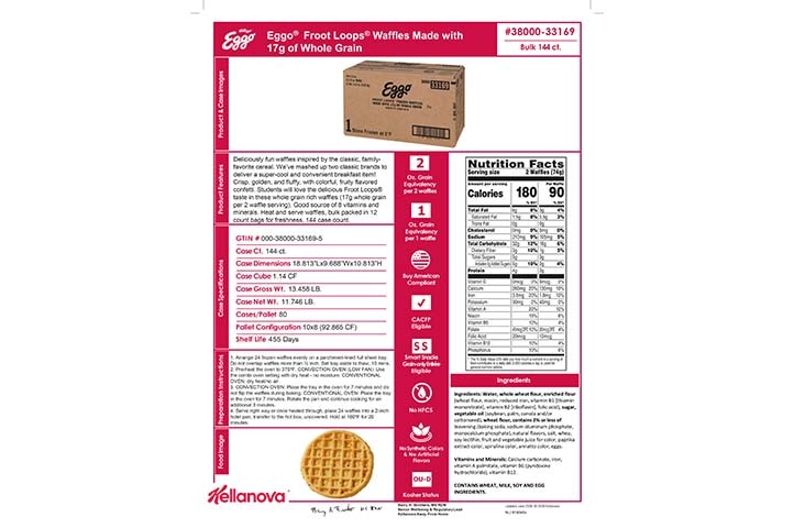 3800033169 Eggo Froot Loops Waffles Made with WG Bulk NLI19046x K- 12 Spec