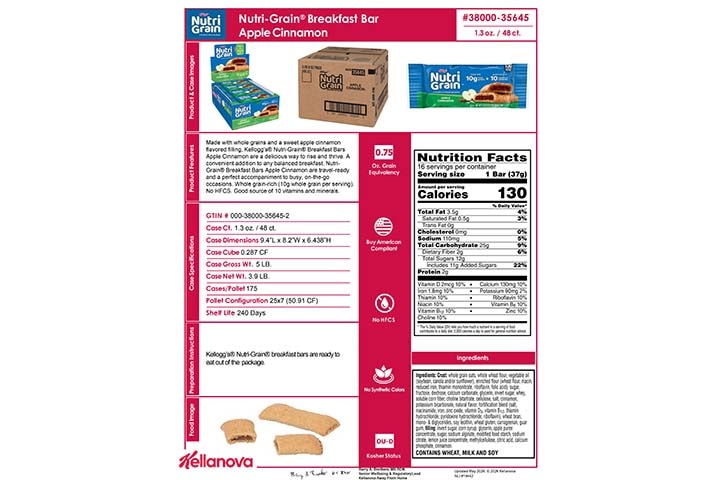 3800035645 Nutri-Grain Bars Apple Cinnamon NLI18914 K-12 Spec
