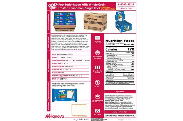 3800055122 Pop-Tarts Made with WG Frosted Cinnamon 1ct NLI19319 NLI17549 K-12 Spec