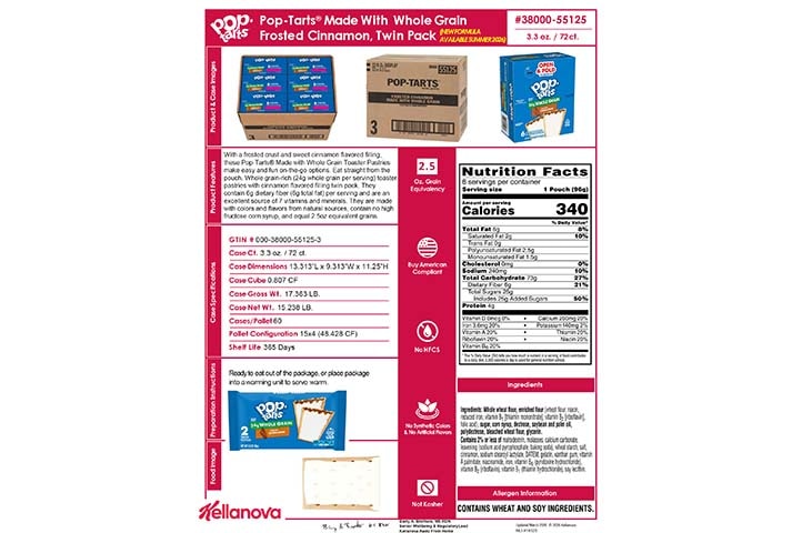 3800055125 Pop-Tarts Made with 23g WG Frosted Cinnamon 2ct NLI19320 K-12 Spec