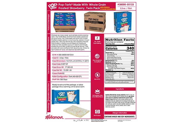 3800055133 Pop-Tarts Made with WG Frosted Strawberry NLI19324 NLI17554 K-12 Spec