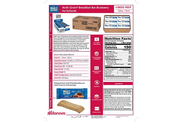 3800090819 Nutri-Grain Bars for Schools Blueberry NLI18895 K-12 Spec