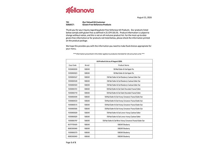 Kellanova Gluten Free Letter