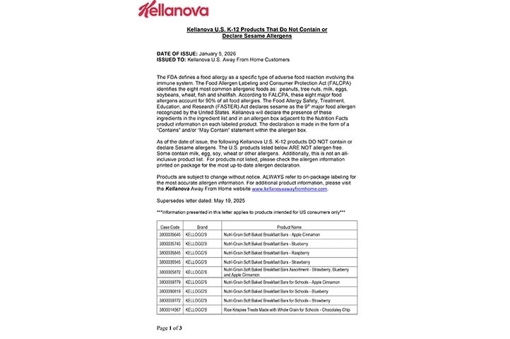 Kellanova K-12 Sesame Allergen Letter
