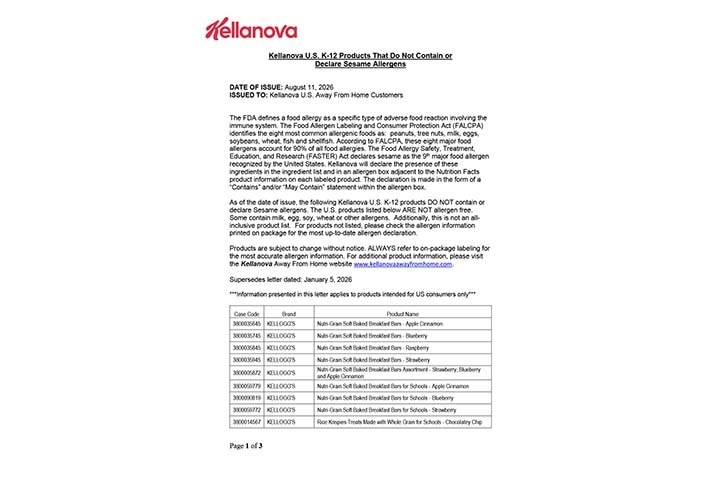Kellanova K-12 Sesame Allergen Letter