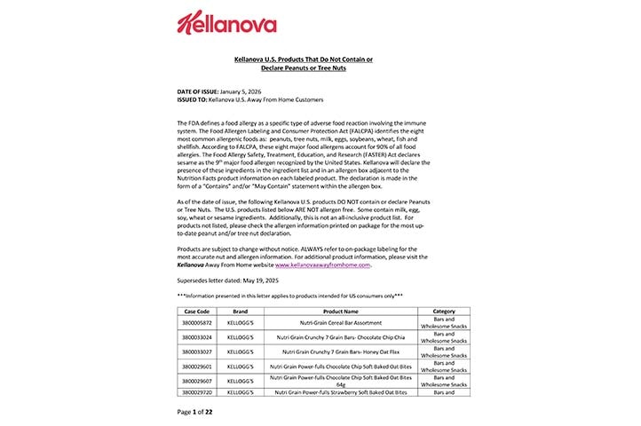 Kellanova K-12 Nut Allergen Letter