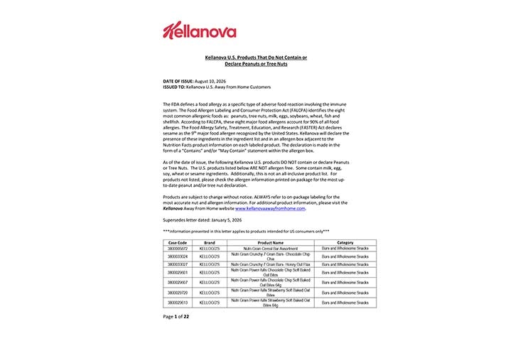 Kellanova K-12 Nut Allergen Letter
