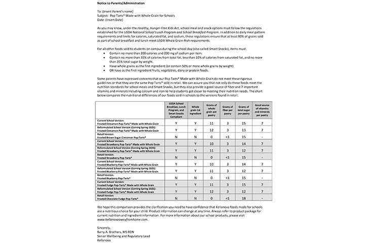 Kellanova Pop Tarts® Made with Whole Grain for Schools Parents & Administration Letter