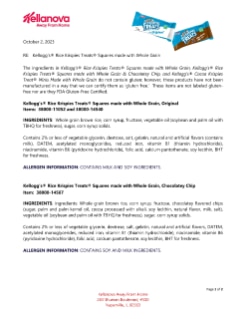Kellogg's® Rice Krispies Treats Squares made with Whole Grain Gluten Inquiry Customer Letter