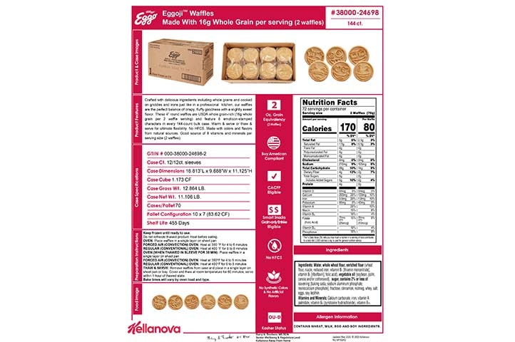 38000 24698 Eggo Eggoji Waffle Made with 16g Whole Grain NLI 18262 K-12 Spec