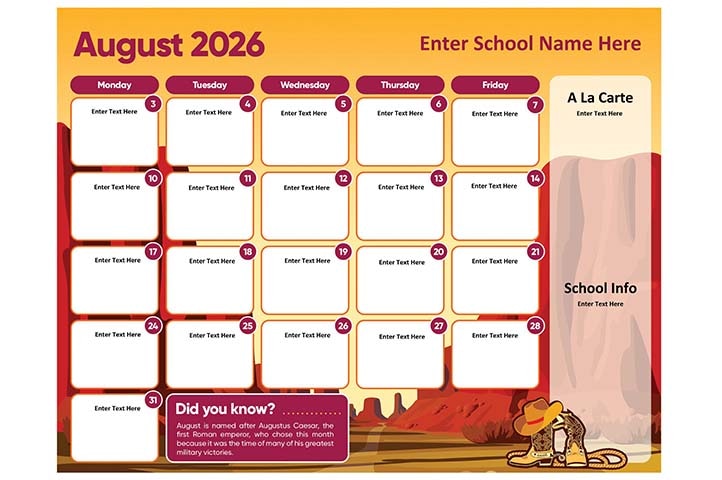Menu Calendar Templates SY26-27