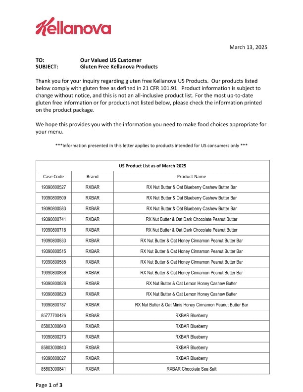 Kellanova Gluten Free Products Letter