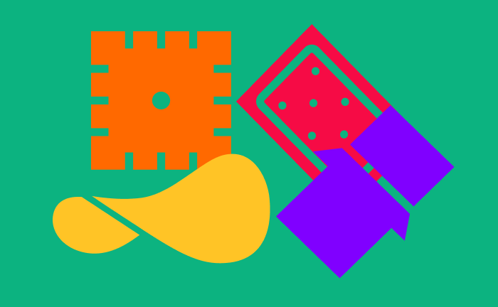 An image of cartoon versions of an orange cheez-it cracker, red pop-tart, yellow Pringle, and a purple RXBar all on a green background