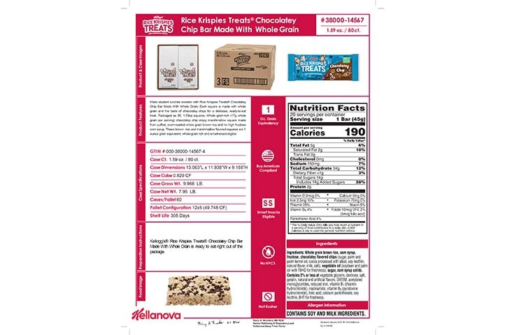 38000 14567 Rice Krispies Treats Made with Whole Grain for Schools - Chocolatey Chip K-12 Spec