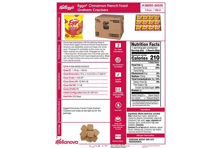 38000 24520 Kellogg's Eggo Cinnamon French Toast Graham Crackers K-12 Spec