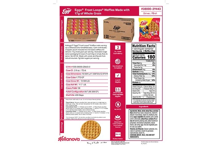 38000 29443 Eggo Froot Loops Waffles Made with 17 grams of Whole Grain K-12 Spec