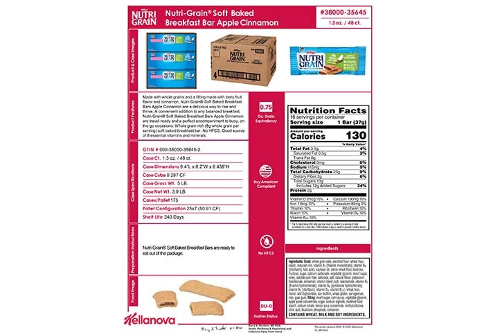 38000 35645 Nutri-Grain Bars - Apple Cinnamon K-12 Spec Image
