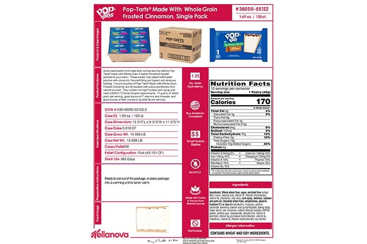 38000 55122 Pop-Tarts Made with 11g WG Frosted Cinnamon 1ct K-12 Spec