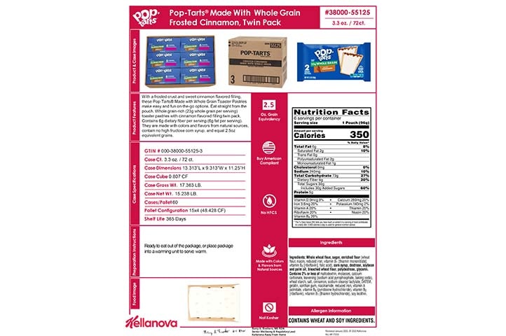 38000 55125 Pop-Tarts Made with 23g WG Frosted Cinnamon 2ct K-12 Spec