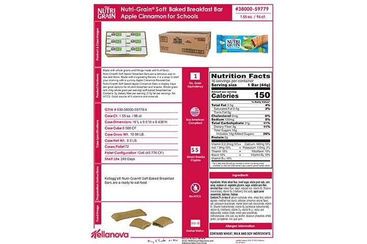 38000 59779 Nutri-Grain Bars for Schools -Apple Cinnamon K-12 Spec Image