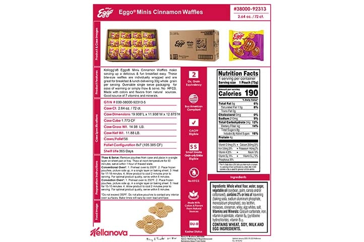 38000 92313 Eggo Minis Cinnamon Waffles K-12 Spec