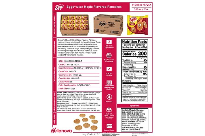 38000 92562 Eggo Minis Maple Flavored Pancakes K-12 Spec