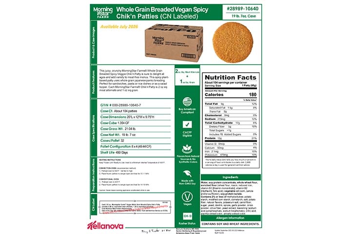 28989 10640 MSF Whole Grain Breaded Vegan Spicy Chik'n Patty CN K-12 Spec - Available July 2026