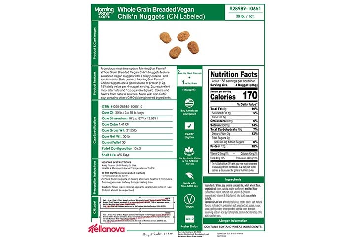 28989 10651 MSF Whole Grain Breaded Vegan Chik'n Nuggets 30lb K-12 Spec