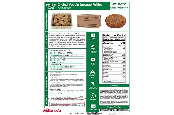 28989 97152 MSF Veggie Sausage Patties CN K-12 Spec Image