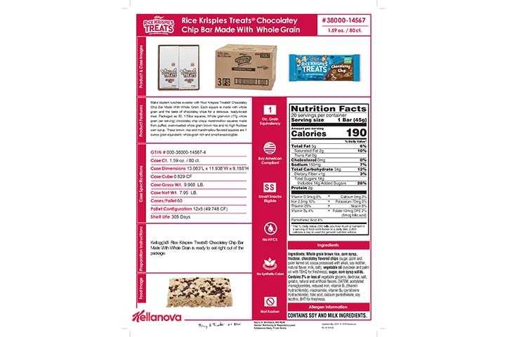 38000 14567 Rice Krispies Treats Made with Whole Grain for Schools - Chocolatey Chip K-12 Spec Image