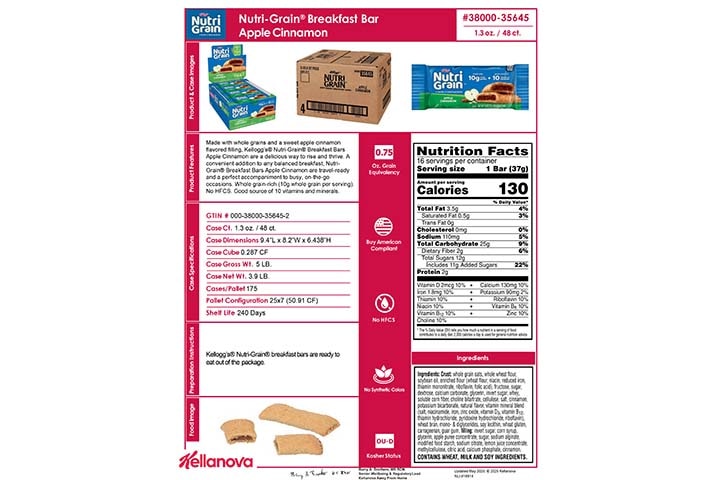 38000 35645 Nutri-Grain Bars - Apple Cinnamon K-12 Spec Image